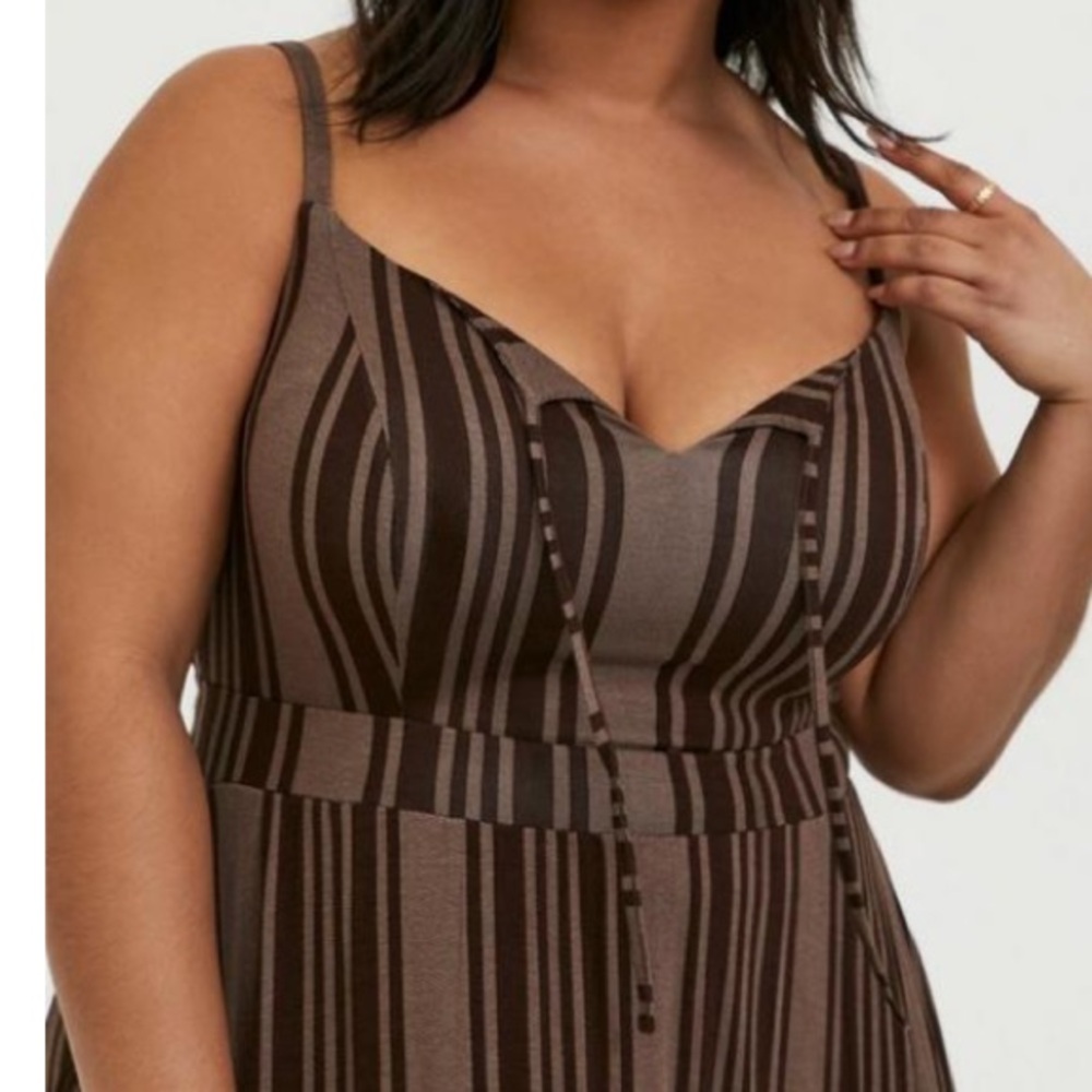NWOT torrid Maxi Jersey Tie-Front Dress - chocolate brown stripes - Picture 2 of 8